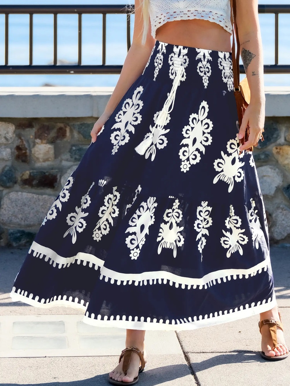Cupshe Boho Navy and White Maxi Skirt with Tassel Tie - Picture 2 of 6